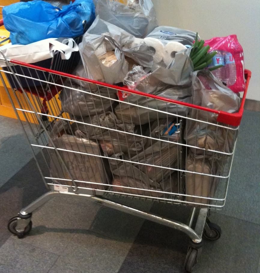 shopping trolley with plastic bags
