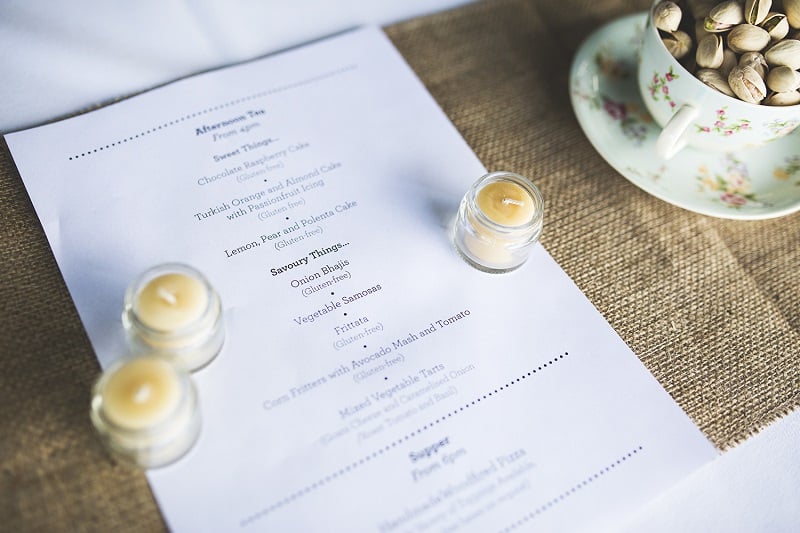 Wedding reception menu, beeswax candles and plastic-free snacks